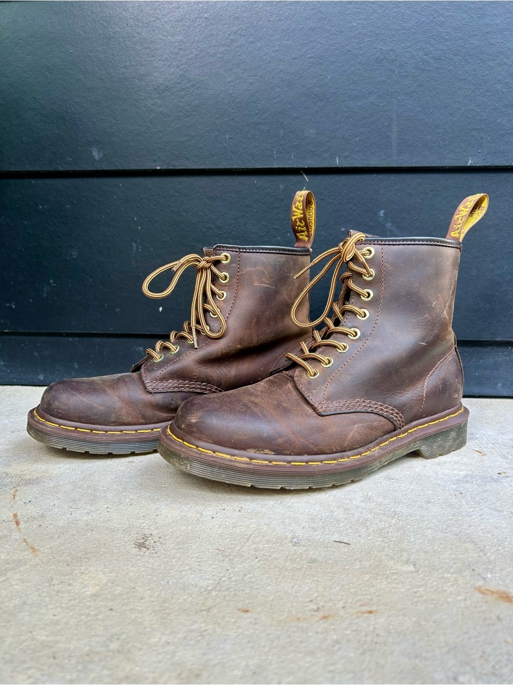 Dr. Martens Brown Leather 8-Eye Lace-Up Boots with Yellow Stitching